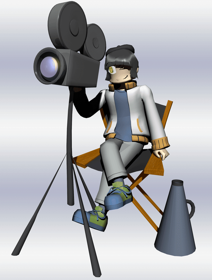 Inspired by their movie-making streams, I put Shindigs in a director's chair, filming some sort of action off-screen.